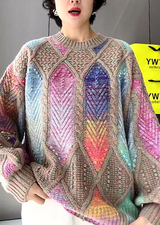 Fashion Multicolor O Neck Knit Sweater Tops Spring - Image 3