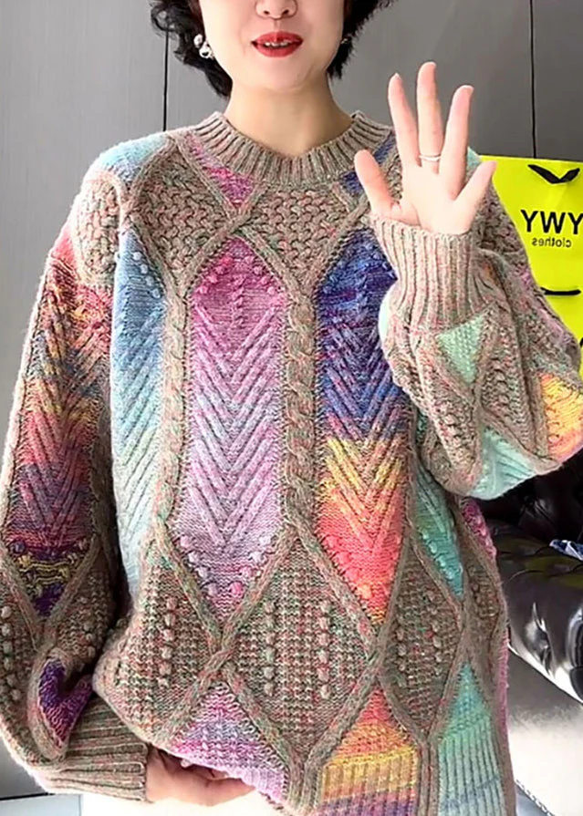 Fashion Multicolor O Neck Knit Sweater Tops Spring - Image 4