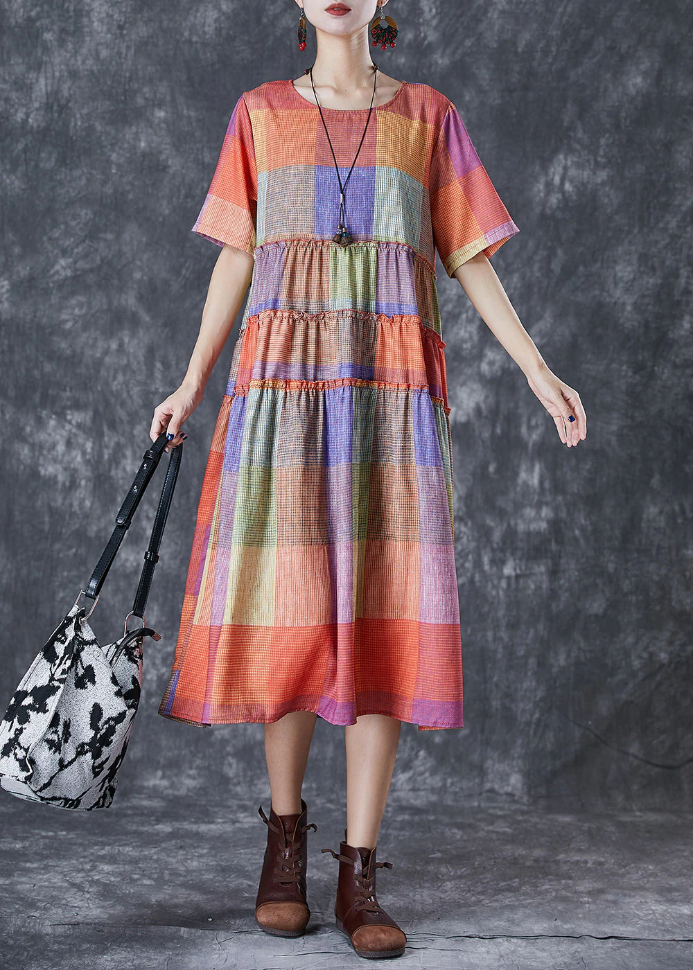 Fashion Multicolour Plaid Ruffled Cotton Long Dress Summer - Image 2