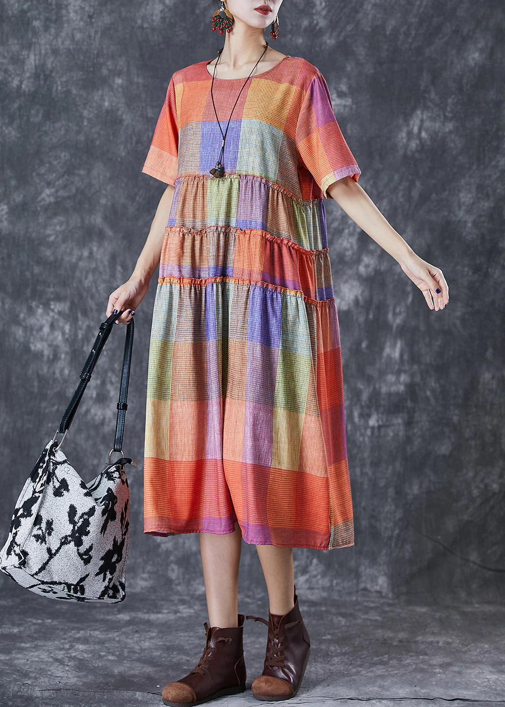 Fashion Multicolour Plaid Ruffled Cotton Long Dress Summer - Image 3