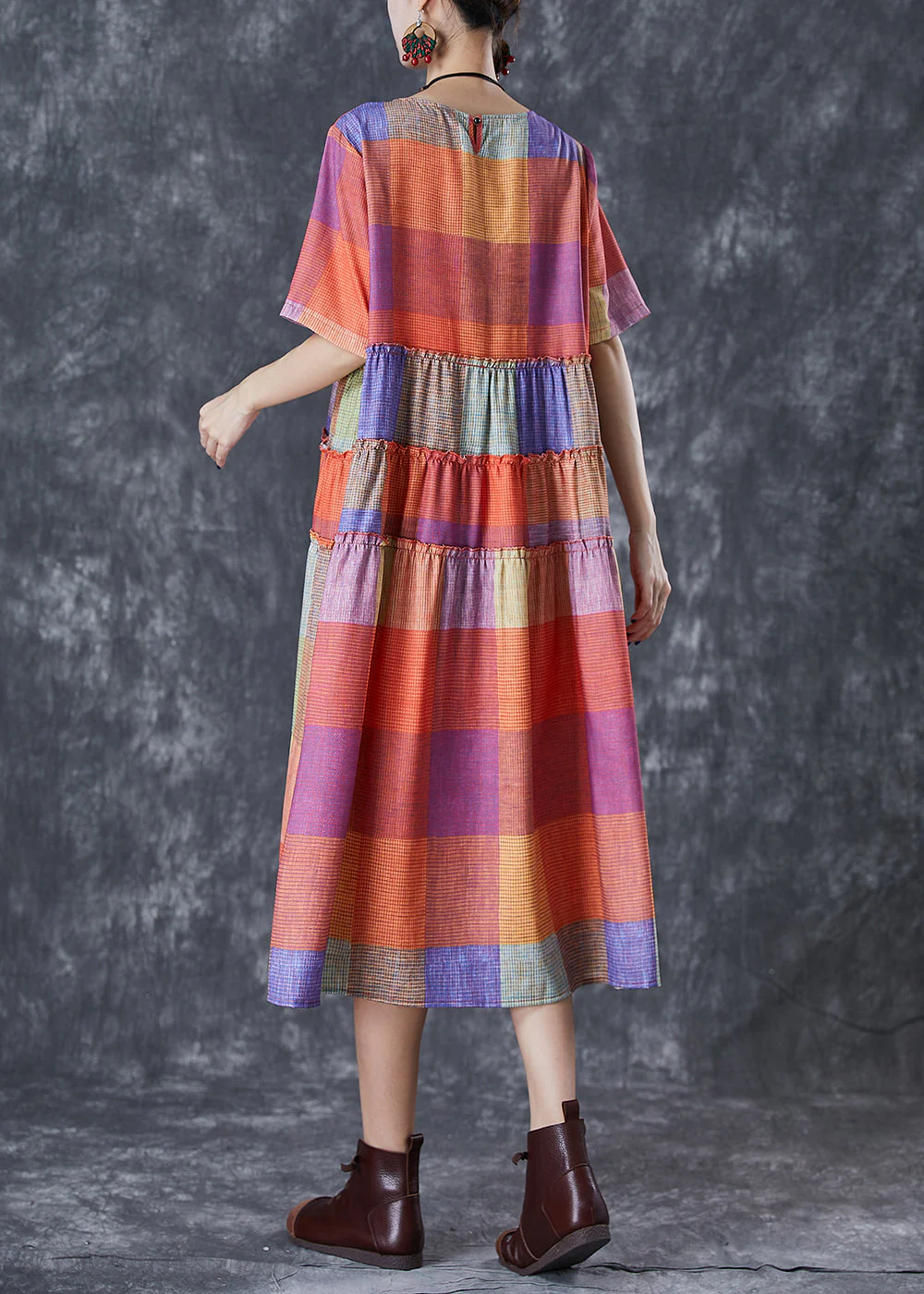 Fashion Multicolour Plaid Ruffled Cotton Long Dress Summer - Image 4