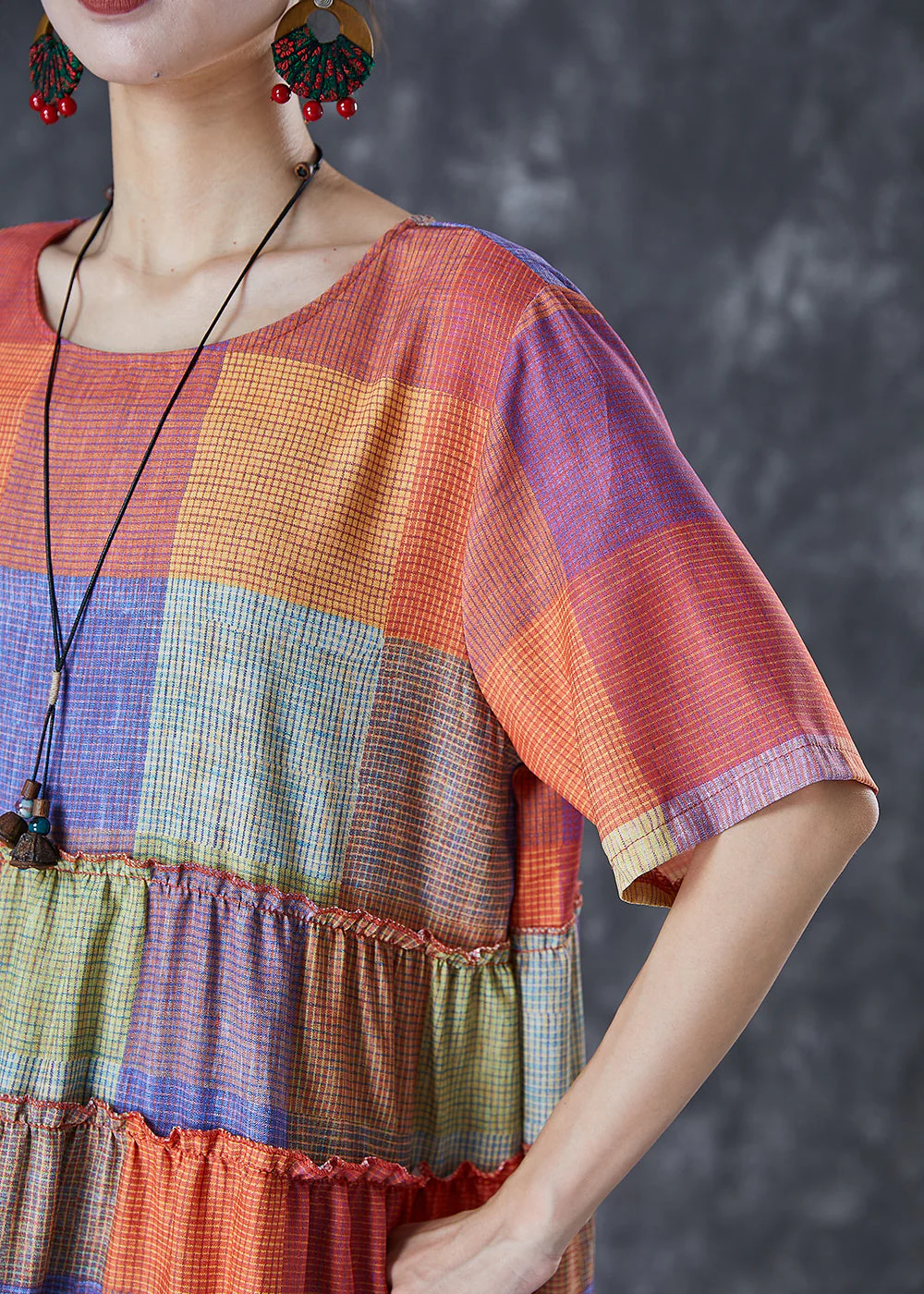 Fashion Multicolour Plaid Ruffled Cotton Long Dress Summer - Image 5