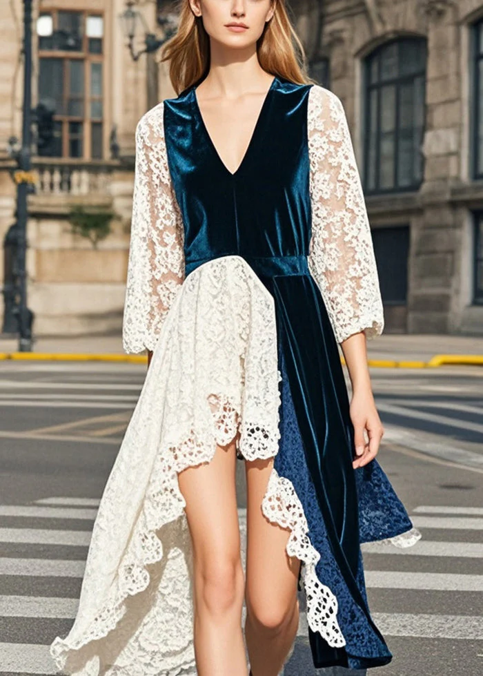 Fashion Navy Asymmetrical Lace Patchwork Silk Velvet Dresses Summer - Image 3