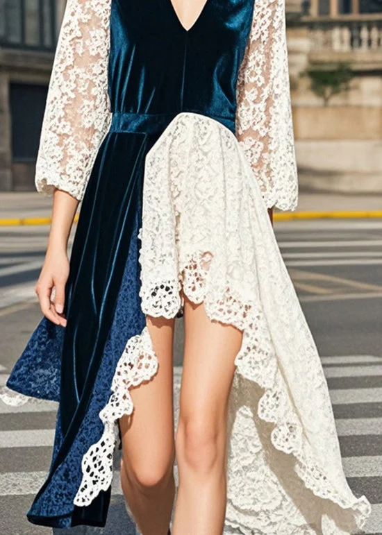 Fashion Navy Asymmetrical Lace Patchwork Silk Velvet Dresses Summer - Image 4