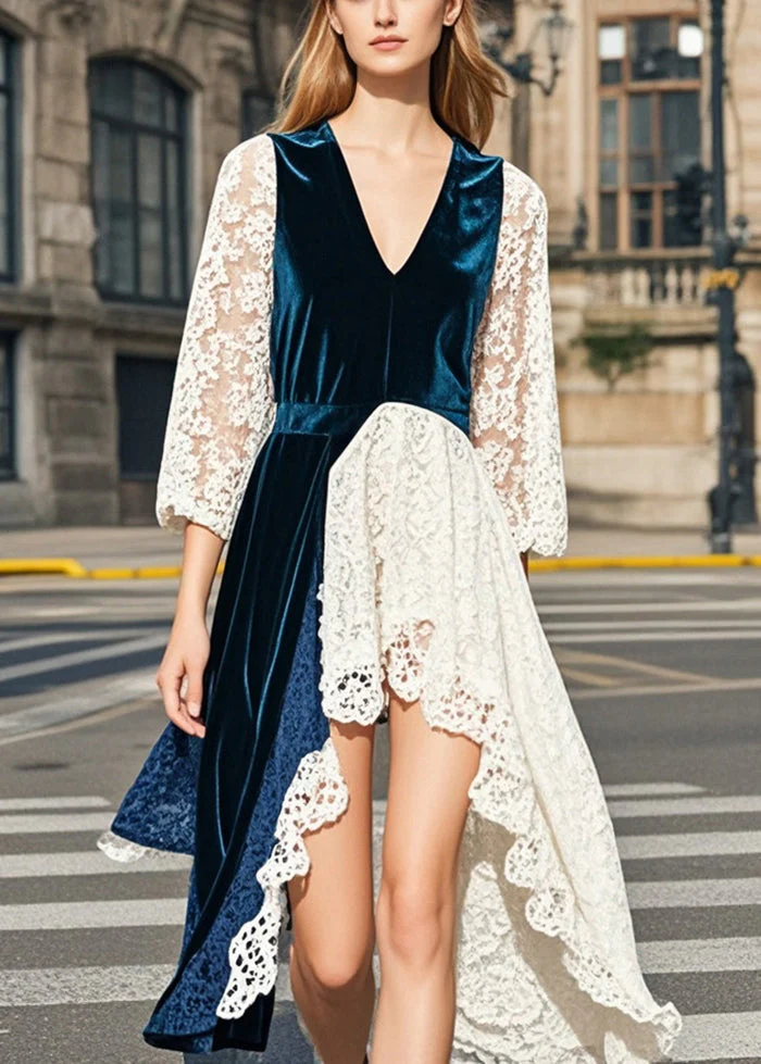 Fashion Navy Asymmetrical Lace Patchwork Silk Velvet Dresses Summer - Image 5