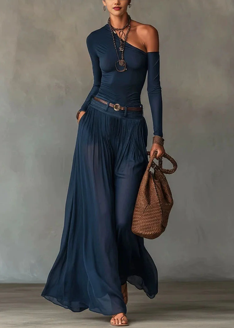 Fashion Navy Cold Shoulder Cotton Two Piece Set Women Clothing Fall - Image 3