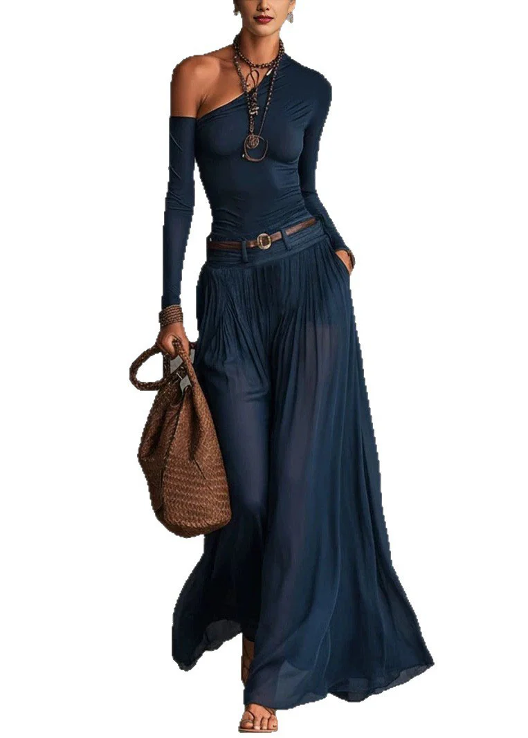 Fashion Navy Cold Shoulder Cotton Two Piece Set Women Clothing Fall - Image 5