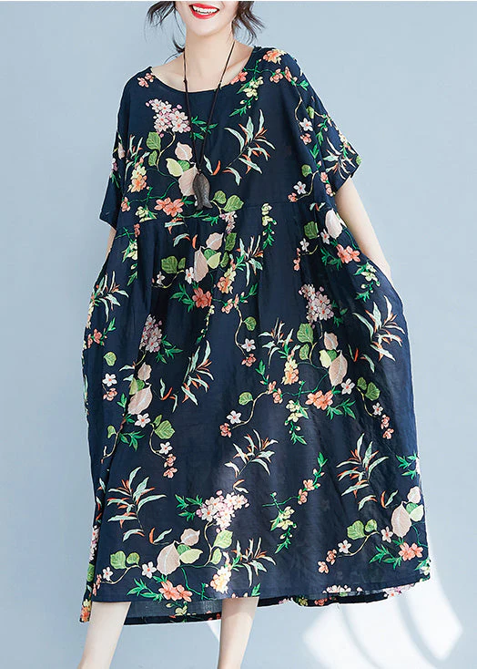 Fashion Navy O-Neck zippered Pocket Floral Print Dresses Short Sleeve