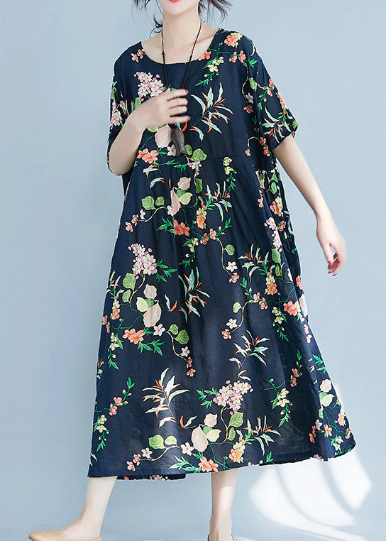 Fashion Navy O-Neck zippered Pocket Floral Print Dresses Short Sleeve - Image 2