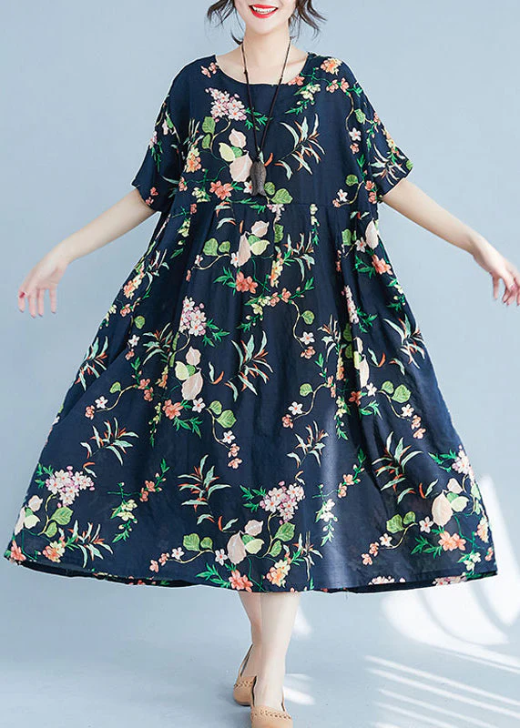 Fashion Navy O-Neck zippered Pocket Floral Print Dresses Short Sleeve - Image 3