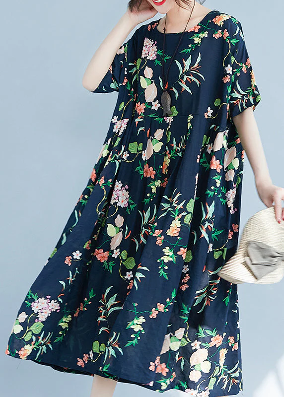 Fashion Navy O-Neck zippered Pocket Floral Print Dresses Short Sleeve - Image 4