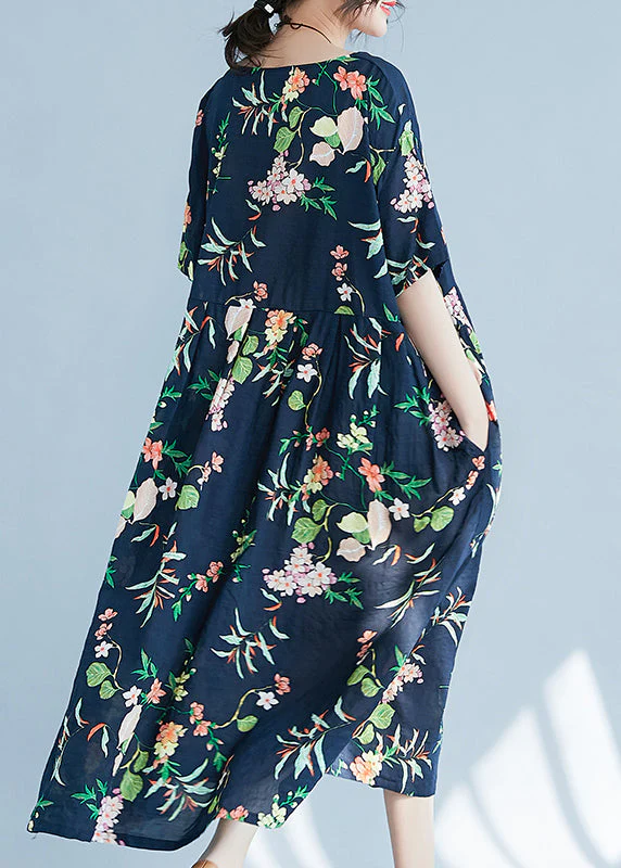 Fashion Navy O-Neck zippered Pocket Floral Print Dresses Short Sleeve - Image 5