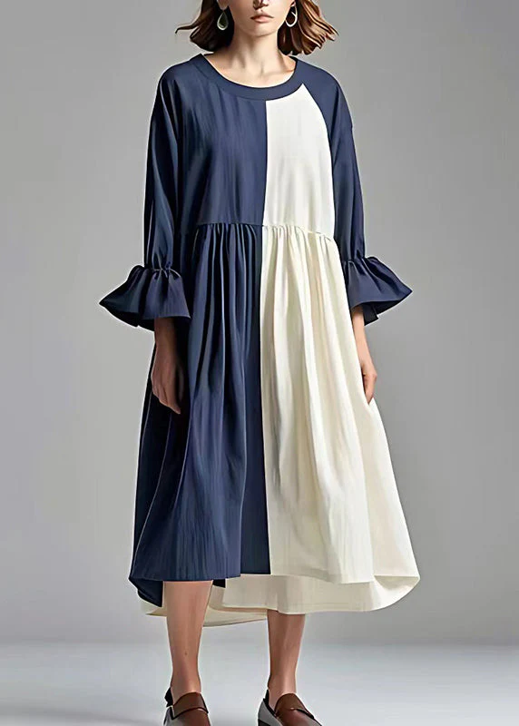 Fashion Navy Oversized Patchwork Cotton Pleated Dress Flare Sleeve - Image 2