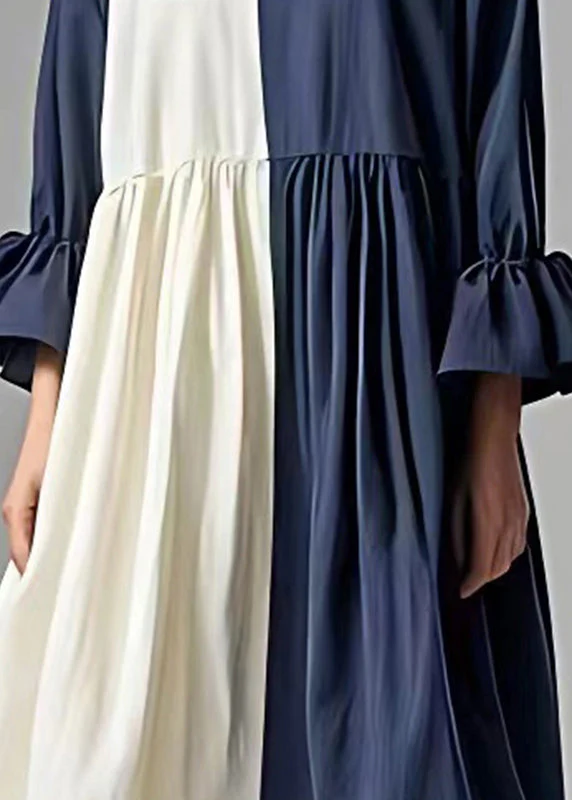 Fashion Navy Oversized Patchwork Cotton Pleated Dress Flare Sleeve - Image 4