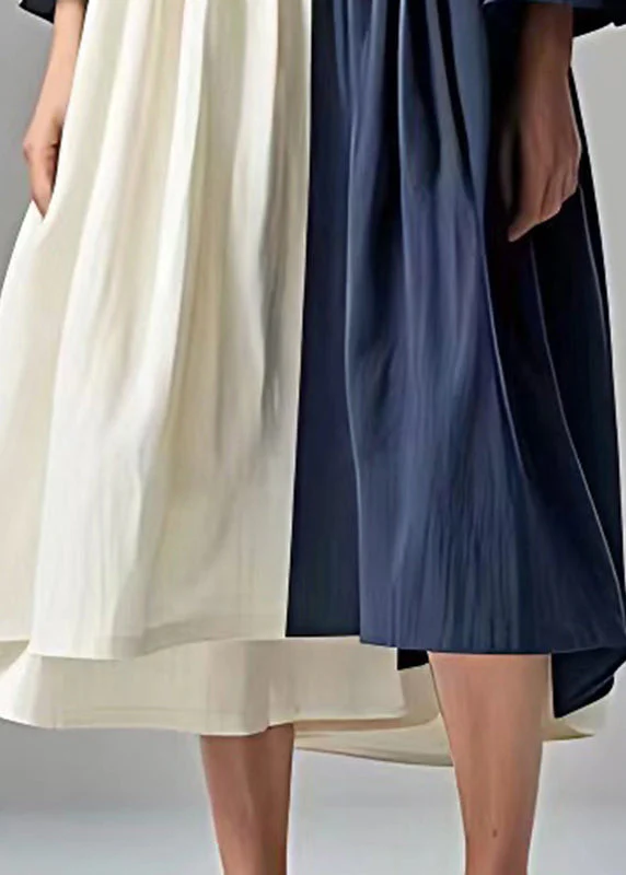 Fashion Navy Oversized Patchwork Cotton Pleated Dress Flare Sleeve - Image 5