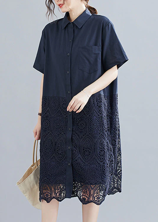 Fashion Navy Peter Pan Collar Button Lace Patchwork Hollow Out Shirt Dress Short Sleeve - Image 3