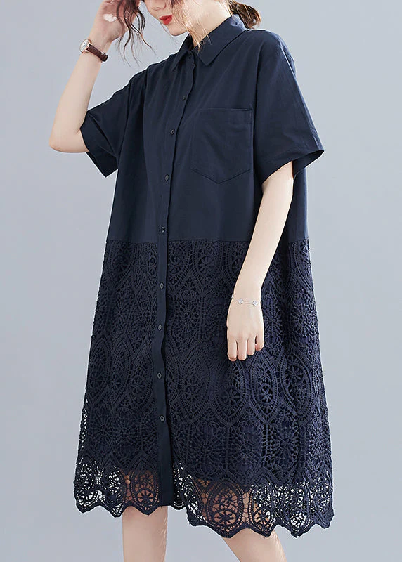 Fashion Navy Peter Pan Collar Button Lace Patchwork Hollow Out Shirt Dress Short Sleeve - Image 4