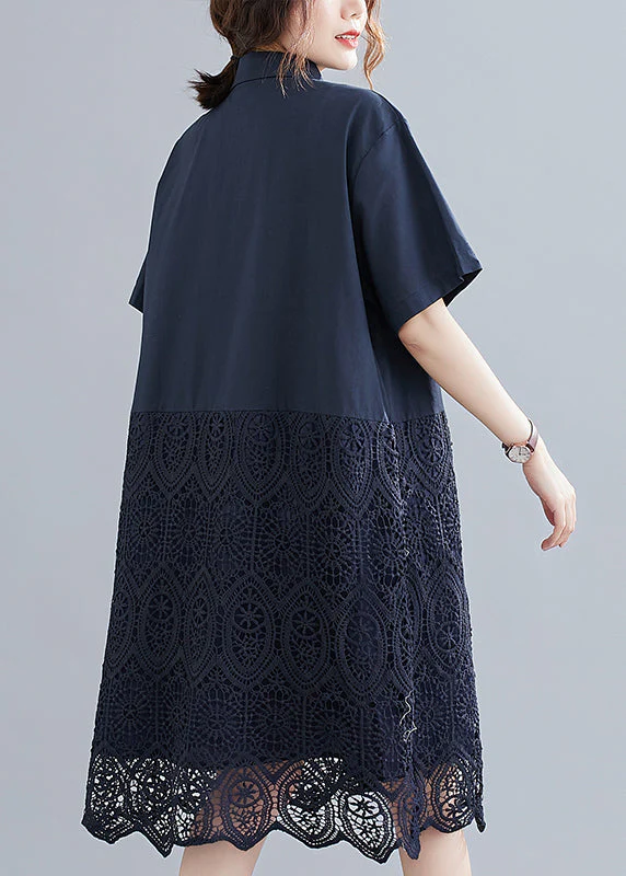 Fashion Navy Peter Pan Collar Button Lace Patchwork Hollow Out Shirt Dress Short Sleeve - Image 5