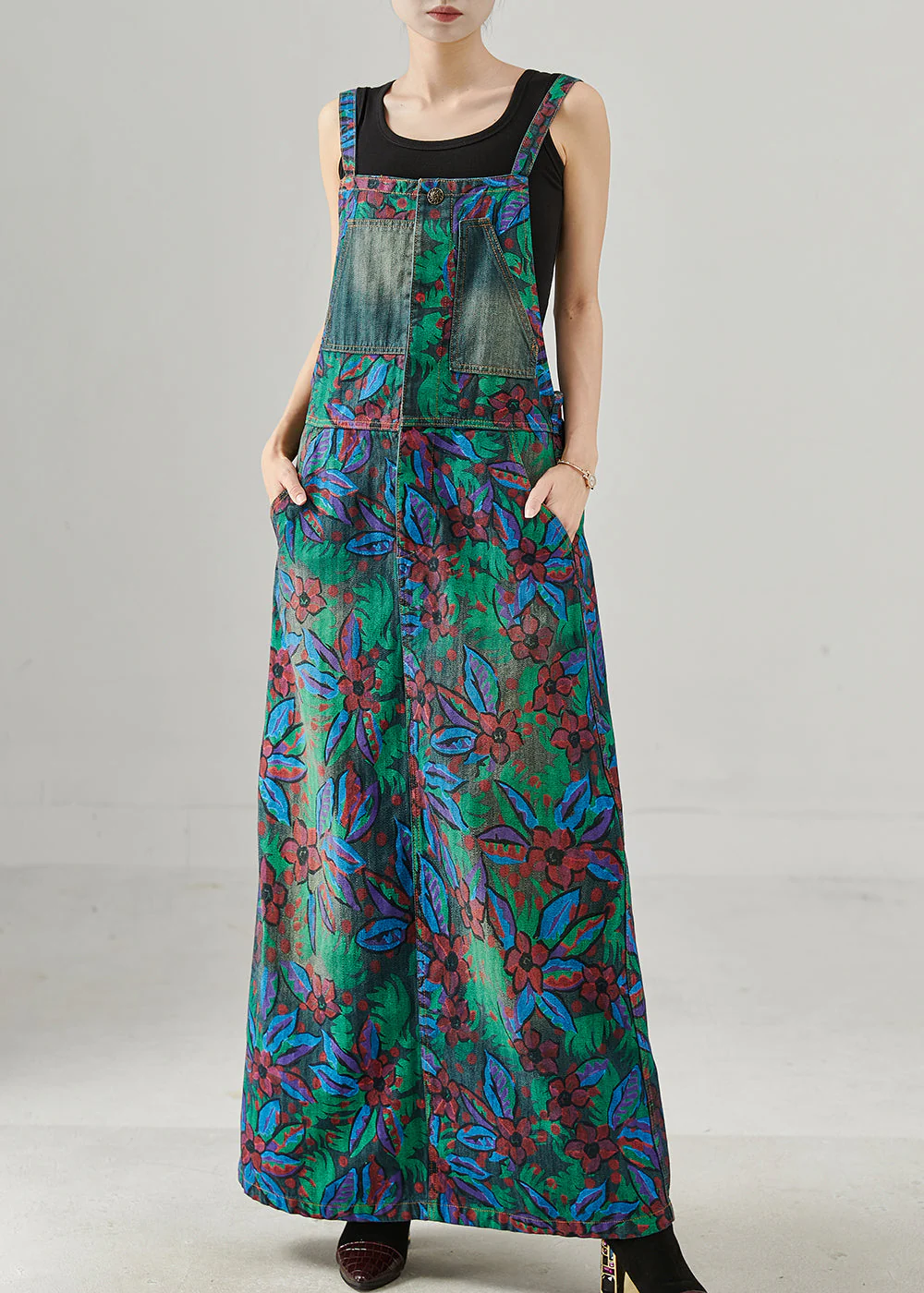 Fashion Navy Print Denim Overalls Dress Fall - Image 3