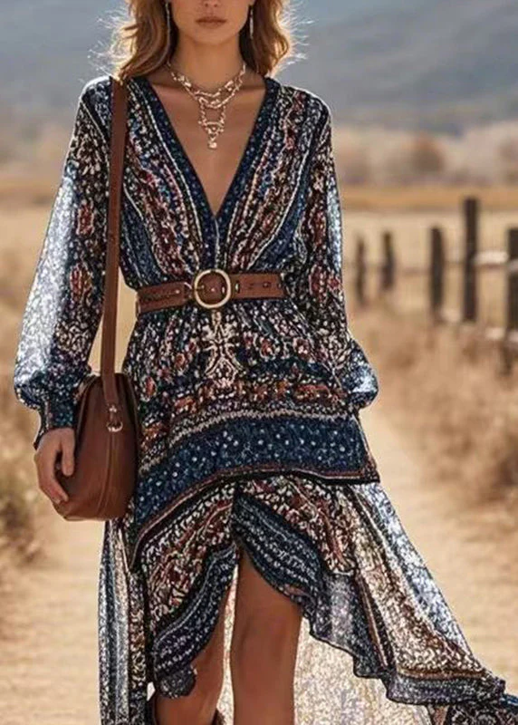 Fashion Navy Print Low High Design Vacation Long Dresses Lantern Sleeve - Image 2