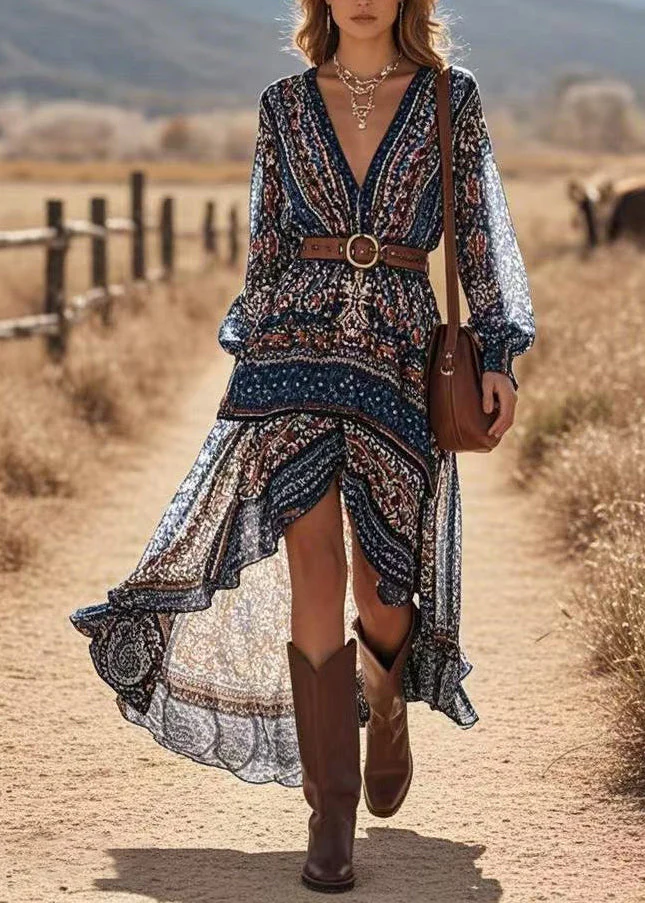 Fashion Navy Print Low High Design Vacation Long Dresses Lantern Sleeve - Image 3