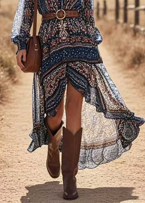 Fashion Navy Print Low High Design Vacation Long Dresses Lantern Sleeve - Image 4