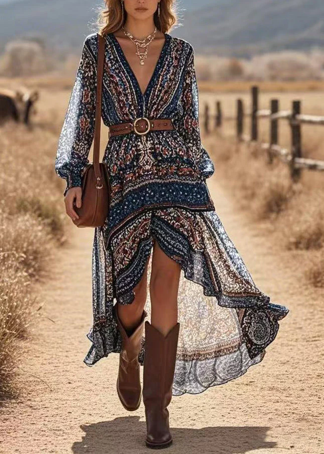 Fashion Navy Print Low High Design Vacation Long Dresses Lantern Sleeve - Image 5