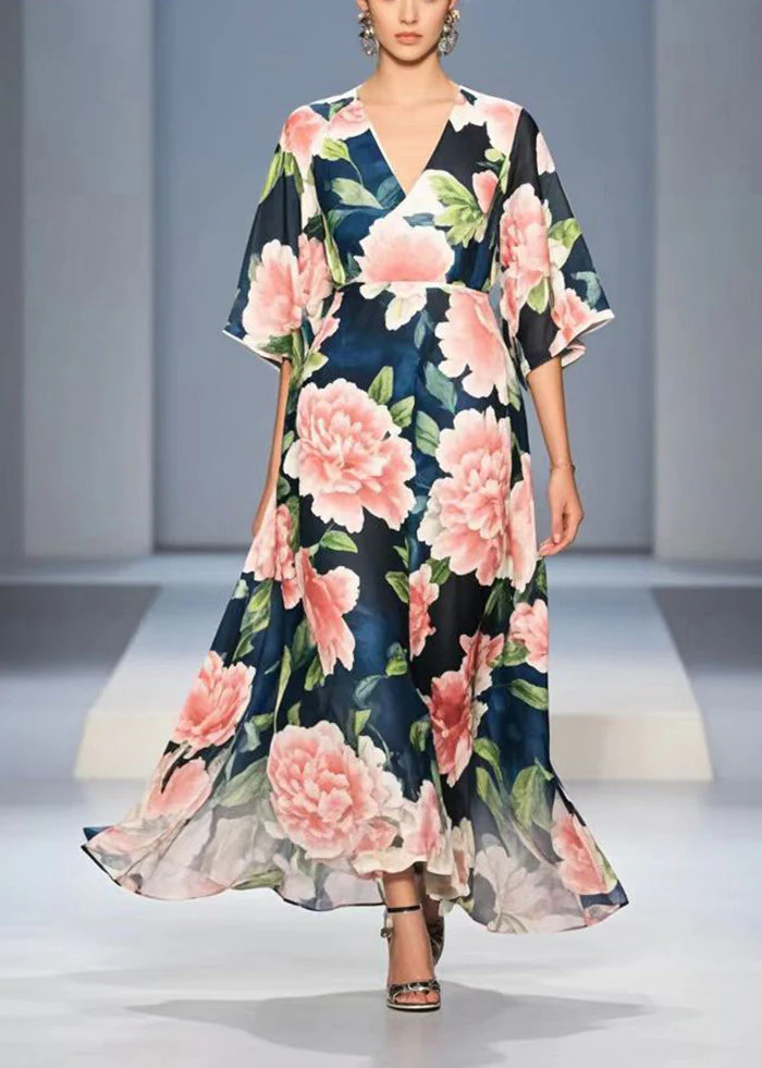 Fashion Navy V Neck Floral Chiffon Long Dress Summer - Image 3
