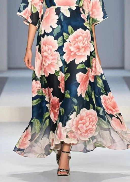 Fashion Navy V Neck Floral Chiffon Long Dress Summer - Image 4