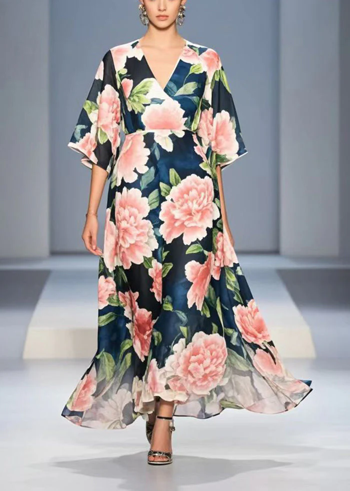 Fashion Navy V Neck Floral Chiffon Long Dress Summer - Image 5