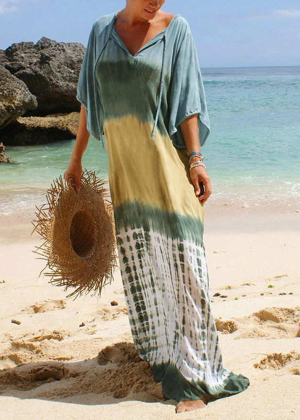 Fashion Neck Tie Print Long Beach Dress Short Sleeve - Image 2