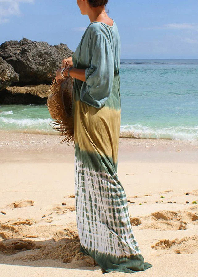 Fashion Neck Tie Print Long Beach Dress Short Sleeve - Image 3