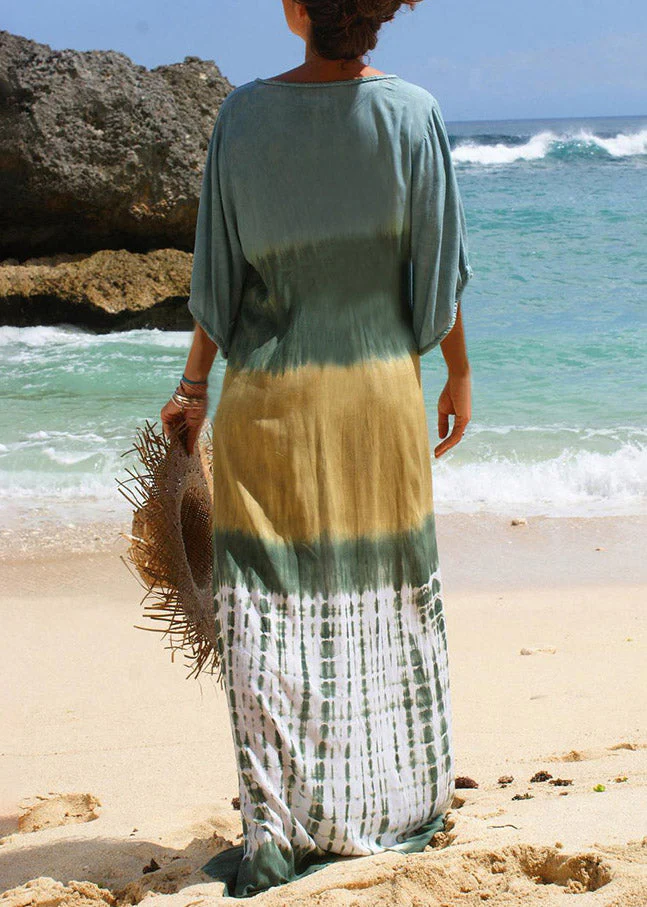 Fashion Neck Tie Print Long Beach Dress Short Sleeve - Image 4