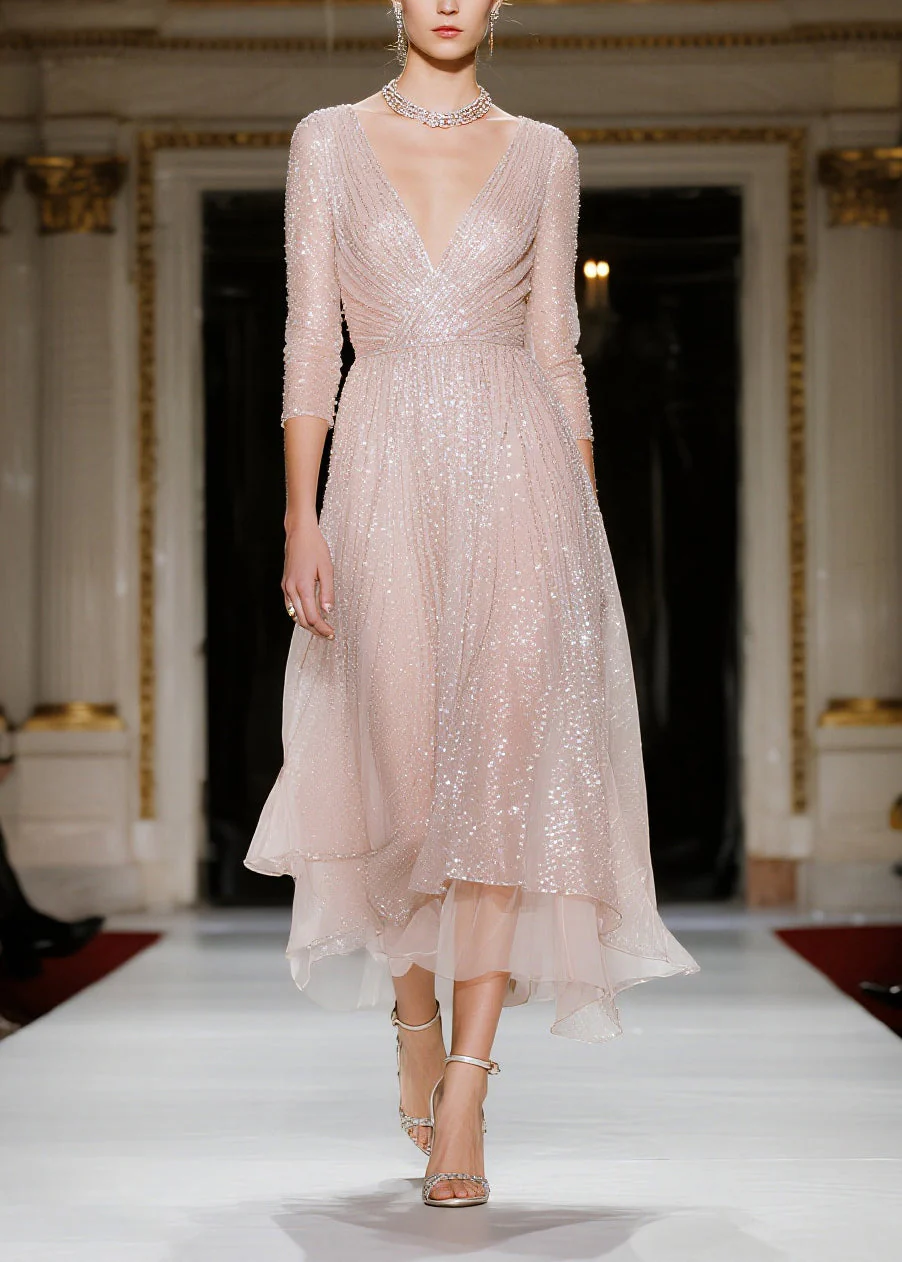 Fashion Nude Sequins V Neck Tulle Vacation Dresses Summer - Image 3