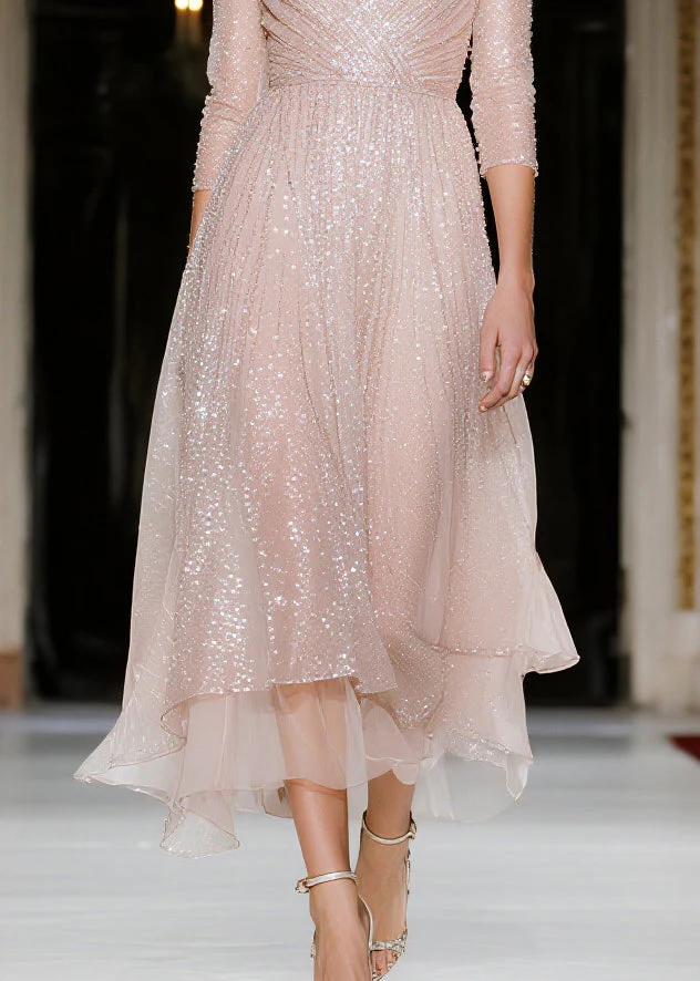 Fashion Nude Sequins V Neck Tulle Vacation Dresses Summer - Image 4