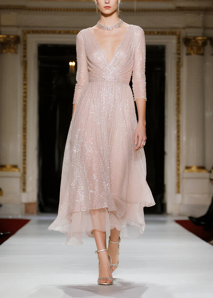 Fashion Nude Sequins V Neck Tulle Vacation Dresses Summer - Image 5