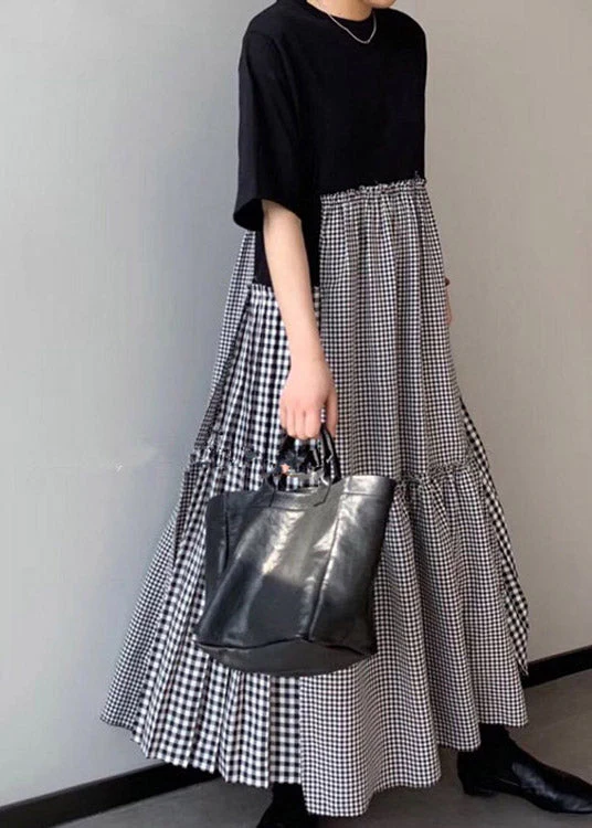 Fashion O-Neck Asymmetrical Plaid mosaic dress - Image 3