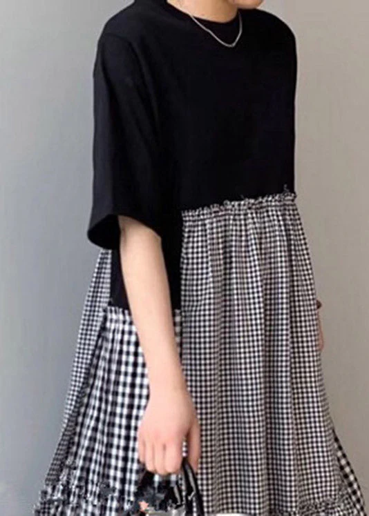 Fashion O-Neck Asymmetrical Plaid mosaic dress - Image 4