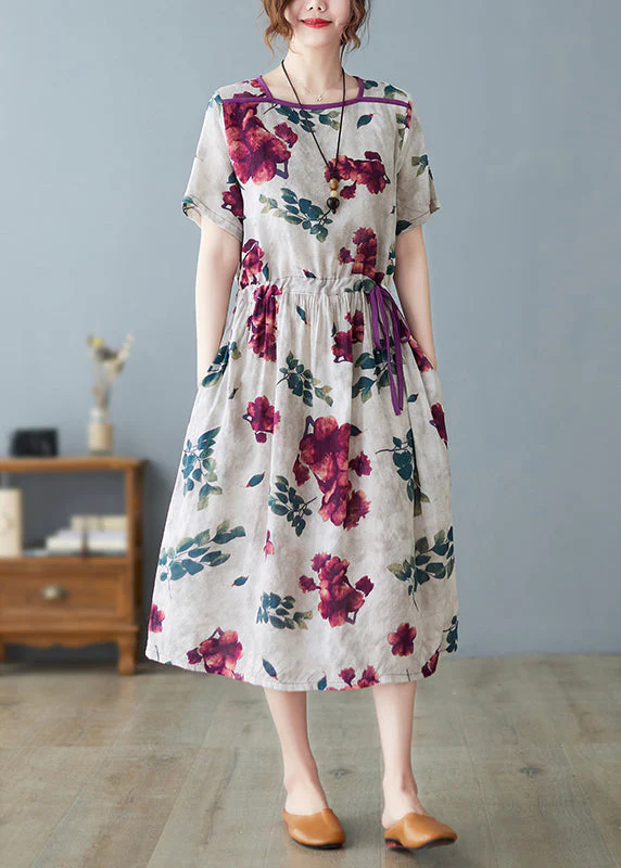 Fashion O-Neck Print Drawstring Tie Waist Long Dress Summer - Image 2