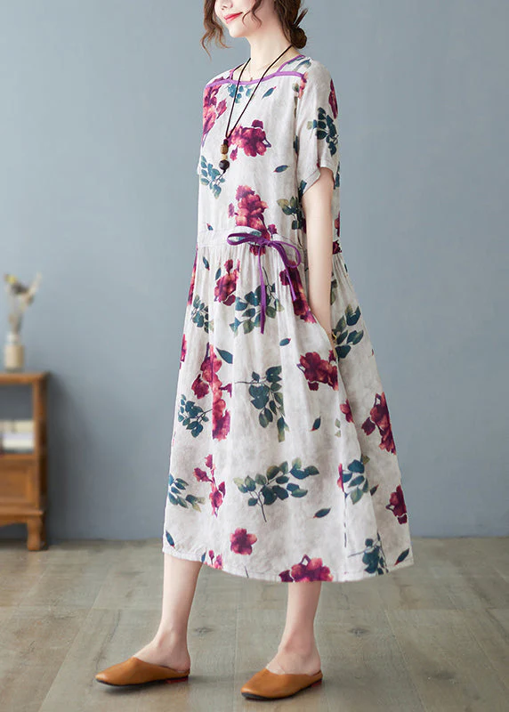 Fashion O-Neck Print Drawstring Tie Waist Long Dress Summer - Image 3