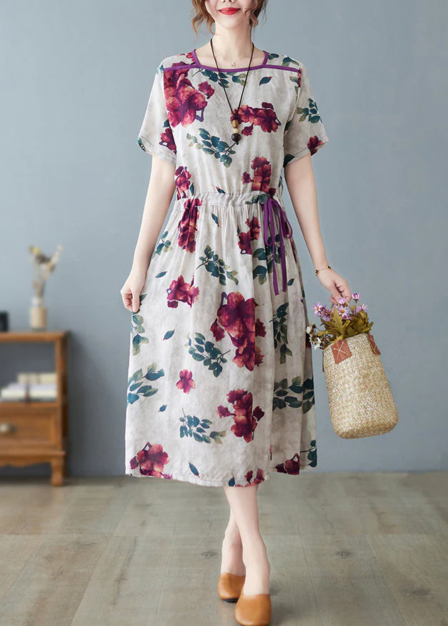 Fashion O-Neck Print Drawstring Tie Waist Long Dress Summer - Image 4