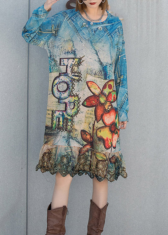 Fashion O-Neck Ruffles Patchwork Print Knit Dresses Long sleeve - Image 2