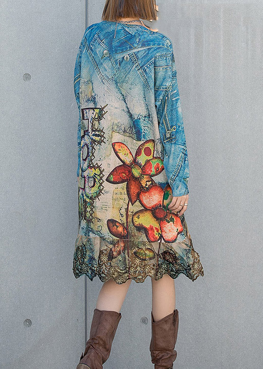 Fashion O-Neck Ruffles Patchwork Print Knit Dresses Long sleeve - Image 5