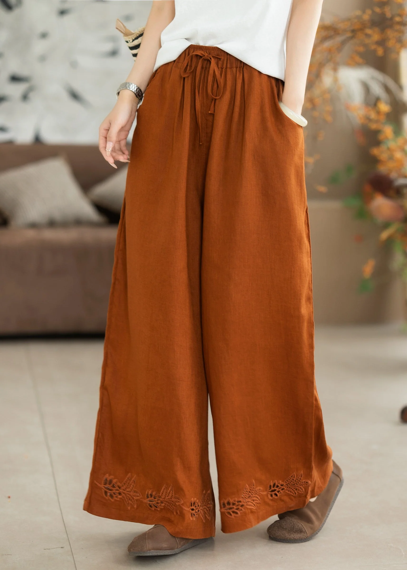 Fashion Orange Embroidered Oversized Linen Wide Leg Pants Summer