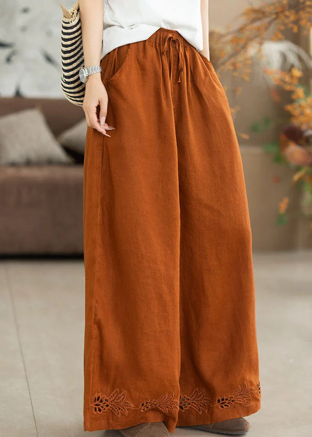 Fashion Orange Embroidered Oversized Linen Wide Leg Pants Summer - Image 2