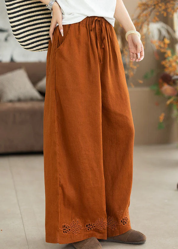 Fashion Orange Embroidered Oversized Linen Wide Leg Pants Summer - Image 3