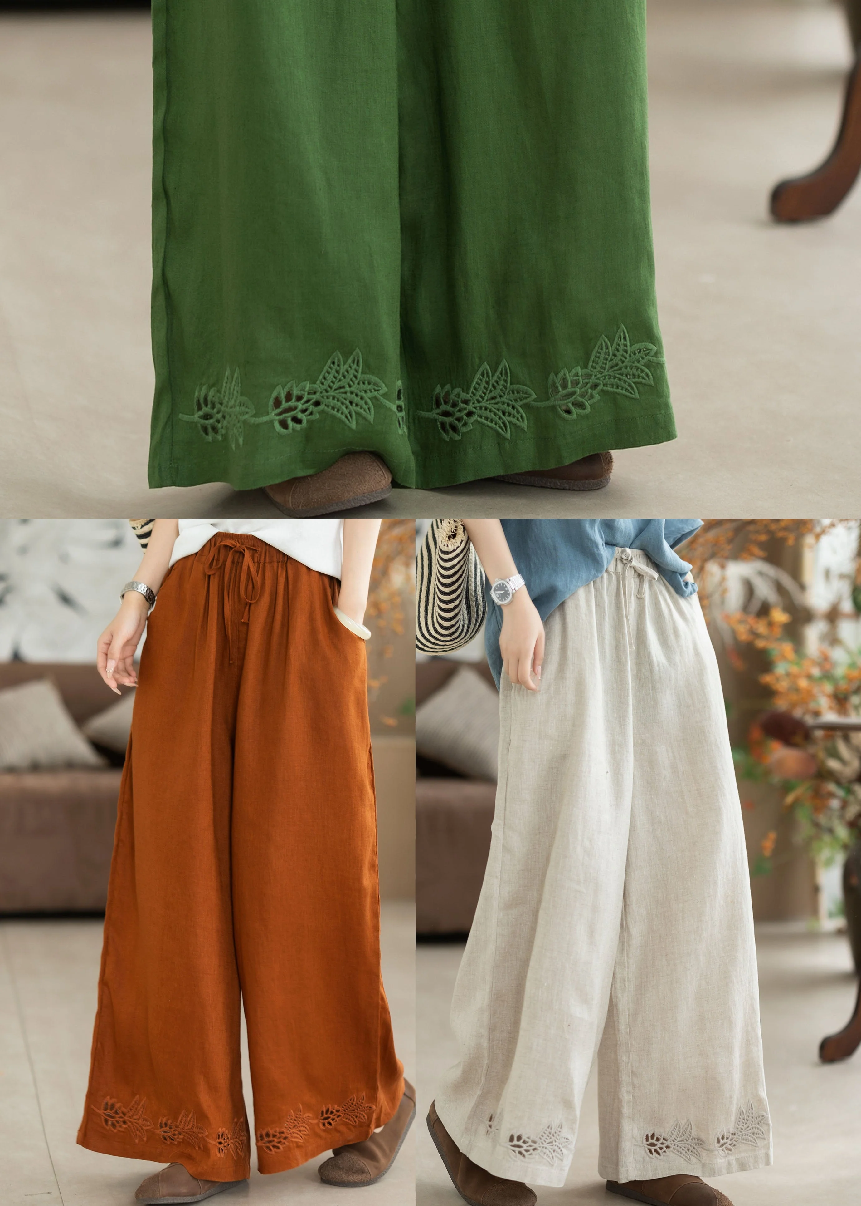 Fashion Orange Embroidered Oversized Linen Wide Leg Pants Summer - Image 5