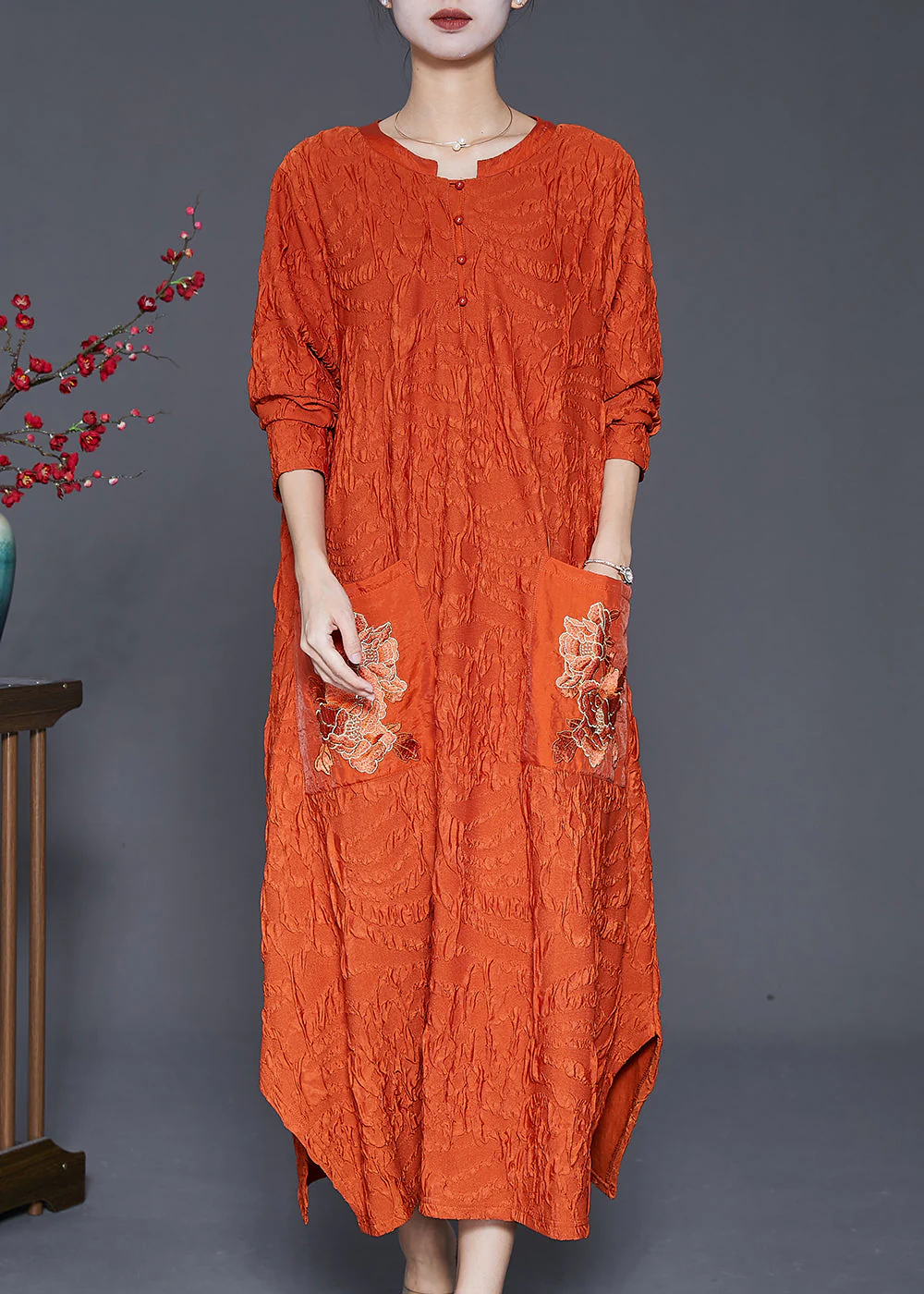 Fashion Orange Embroidered Wrinkled Silk Ankle Dress Fall - Image 2
