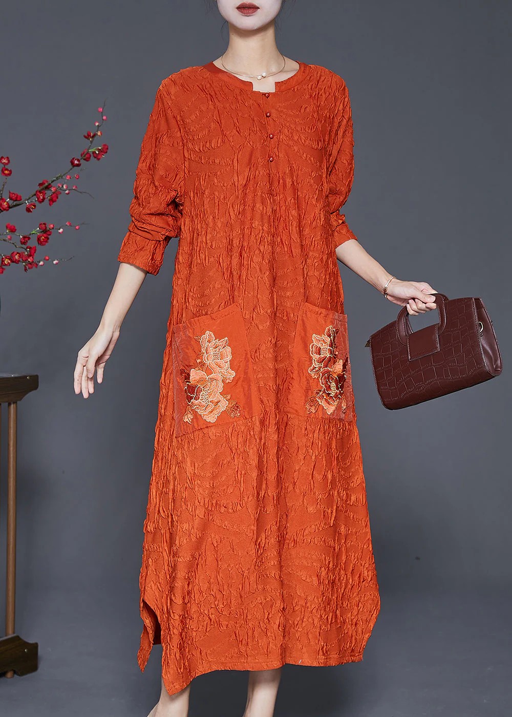Fashion Orange Embroidered Wrinkled Silk Ankle Dress Fall - Image 3