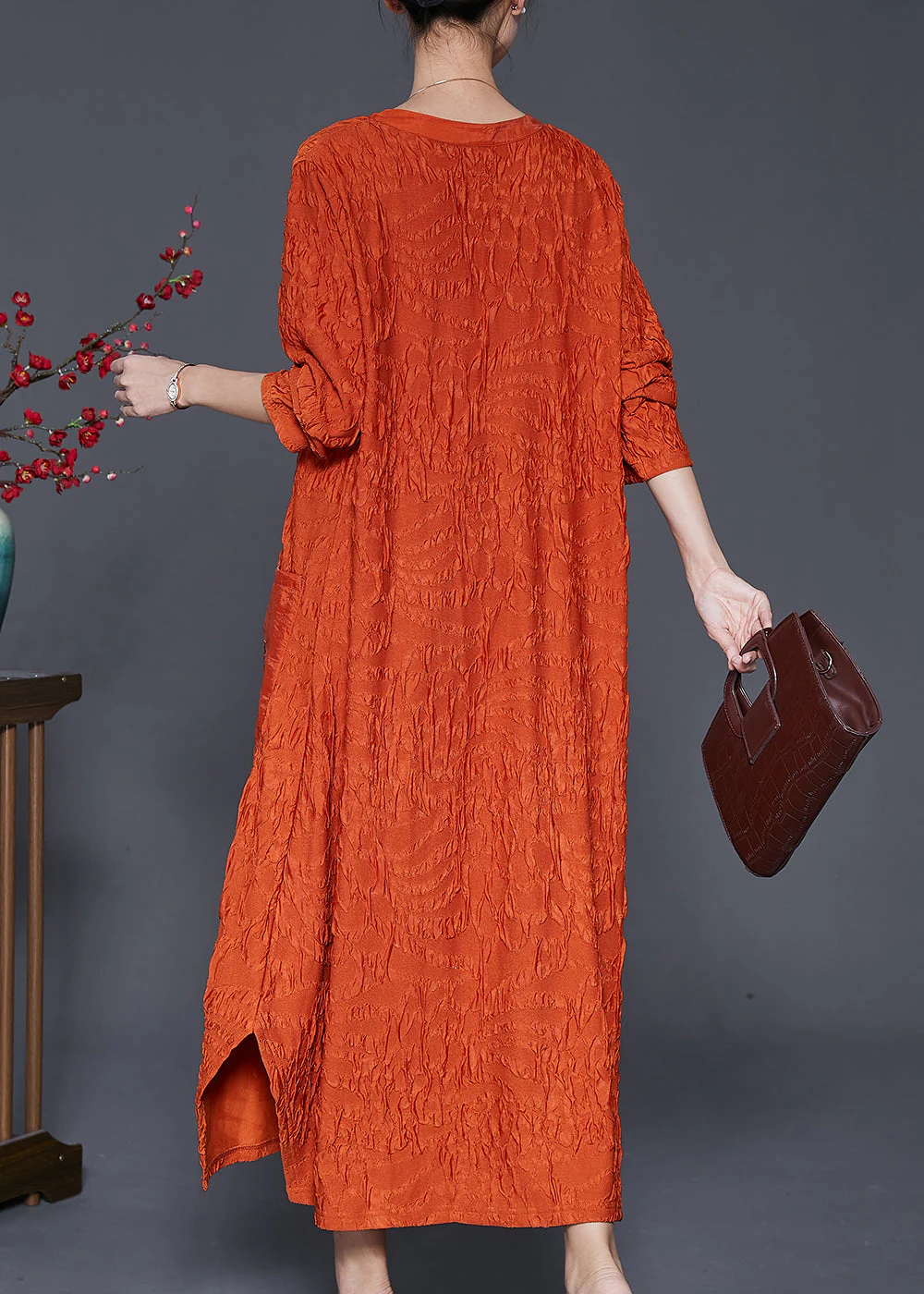 Fashion Orange Embroidered Wrinkled Silk Ankle Dress Fall - Image 4